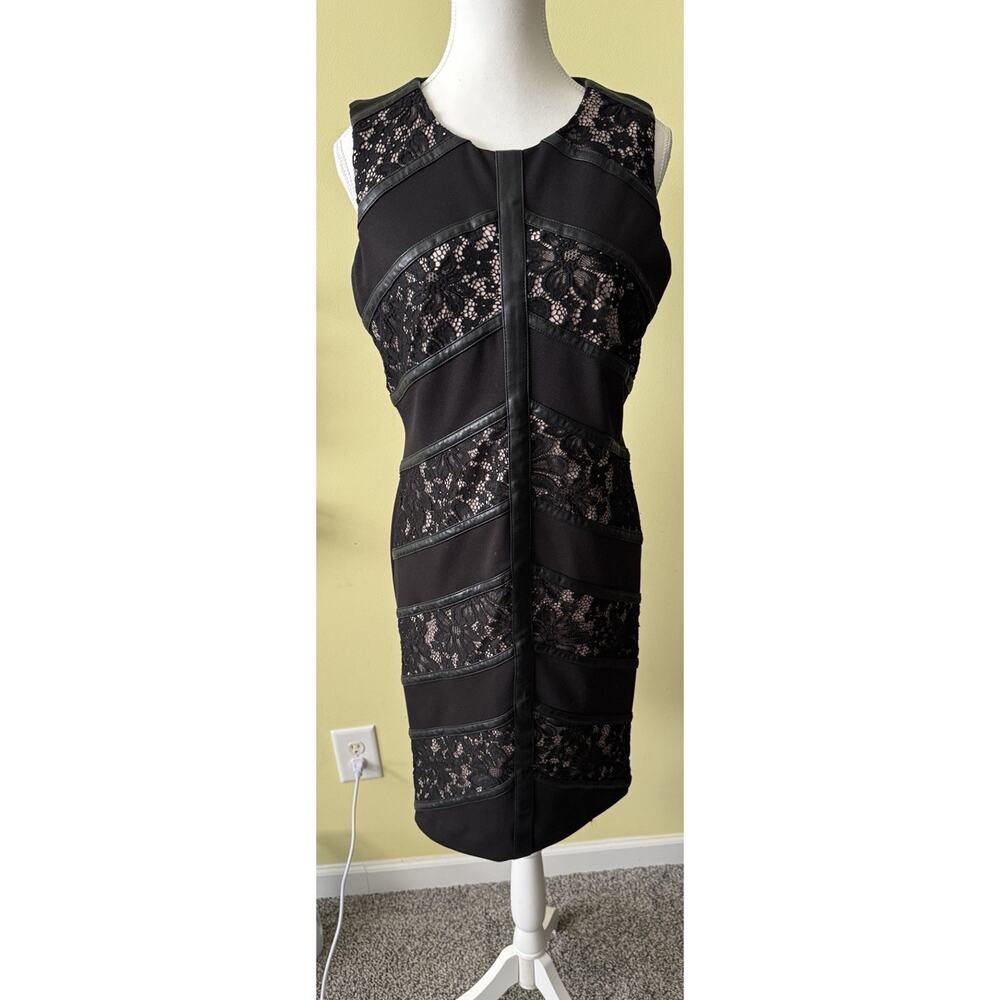 Calvin Klein Black Sleeveless Lace Panel Sheath Dress Sz 10 Cocktail Party Midi